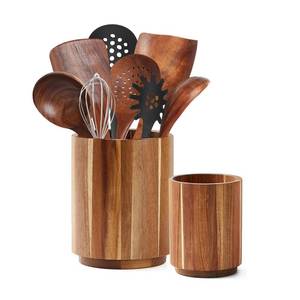 lot 17653 image: Sameme Acacia Wood Utensil Holder for Kitchen Counter, 360° Rotating 7.35.7in Large Cooking Utensil Holder,Kitchen Utensil Crock for Countertop,Farmhouse Kitchen Decor,Spatula Holder Set of 2 - Retail $26in