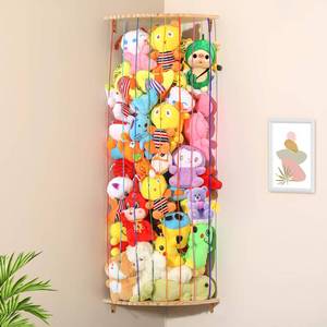 lot 17656 image: Mabahoo Stuffed Animal Storage Toy Organizer, Wood Corner Plushie Toy Holder with Rainbow Elastic Rope, Length Adjustable Hanging Stuffed Animal Shelf Net for Nursery Playroom Bedroom - Retail $25