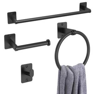 lot 17658 image: KLJKPA Matte Black Bathroom Accessories Set, 4 Pieces Bathroom Hardware Set, 16 inch Towel Bar, Towel Racks for Bathroom, Robe Towel Hooks, Toilet Paper Holder Wall Mounted - Retail $22