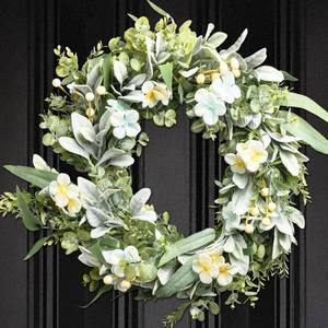 lot 17666 image: Perfnique Spring Wreaths for Front Door, Lambs Ear Wreath with Hydrangeas Flower and Eucalyptus Leaves, 20 Green Artificial Wreath for Porch Window, Farmhouse Decor for Wall (Greenery) - Retail $20,131