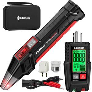 lot 17671 image: KAIWEETS Circuit Breaker Finder with LCD Display, GFCI Outlet Tester, Electrical Circuit Tracer Tool with NCV Test and Flashlight, Includes Carrying Case and Adapters- KT301P - Retail $56