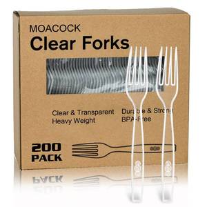 lot 17673 image: MOACOCK 200 Count Clear Disposable Plastic Forks, Heavy Weight Disposable Forks Plastic Utensils for Parties, Picnics, Big Event, Daily Use - Retail $14