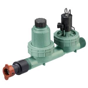 lot 17674 image: Orbit 67790 1 MPT 4-in-1 Drip Sprinkler Valve, Filter, Pressure Regulator, and Drip Irrigation Drip Tubing Adapter - Retail $44in