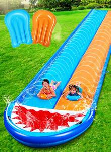 lot 17682 image: Sloosh Shark Double Water Slide, 22.5ft Heavy Duty Lawn Water Slip and Slide with Sprinkler and 2 Slip Inflatable Boards for Party Summer Yard Lawn Outdoor Play Activities - Retail $43