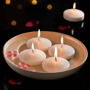 lot 17689 image: Ashlux White Floating Candles 3 inch, 48 Pack Floating Candles 10 Hours Burn Clean and Unscented Floating Candle for for Valentines Day,Romantic Night,Wedding,Proposal Anniversary Decorations - Retail $42