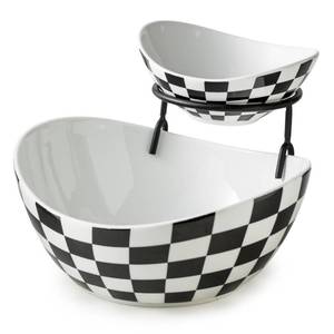 lot 17693 image: Miamolo Tiered Serving Bowls Chip and Dip Serving Set with Stand, Ceramic Appetizer Serving Dishes Platters and Trays for Parties Entertaining - Checkered Kitchen Decor - Retail $29
