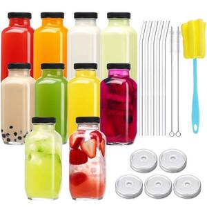lot 17702 image: CUCUMI 10pcs 16oz Glass Juice Bottles with Lids, Reusable Juice Containers Drinking Jars Water Cups with Brush, Glass Straws, Lids with Hole - Retail $27