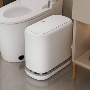 lot 17703 image: O-MART Bathroom Trash Can with Lid, Slim 3.2 Gallon Vacuum adsorption Garbage Bin, Narrow Press Top Waste Basket for Odor Control and Dog Proof for Bathroom Bedroom Office Home - Retail $27