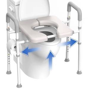 lot 17707 image: Raised Toilet Seat with Handles - Width and Height AdjustableToilet Seat Risers for Seniors, Heavy Duty Handicap Toilet Riser, Fit Any Toilet, Up to 400lbs - Retail $70