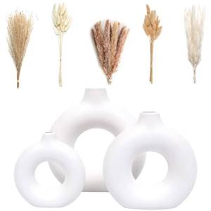 lot 17714 image: VELOVA Set of 3 White Ceramic Vase with 65 PCS Dried Pampas Grass Flowers Aesthetic Boho Modern Small Round Cute Vases for Decor Living Room Coffee Table Shelf Bedroom Office Desk Home Gifts Women Mom - Retail $23
