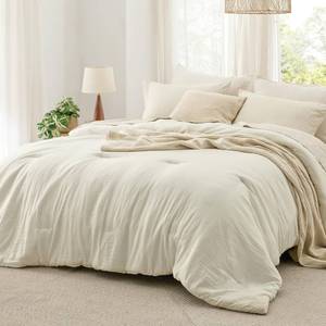 lot 17715 image: Bedsure Queen Size Comforter Set, Ivory Soft Prewashed Bedding for All Seasons, 3 Pieces GentleSoft� Warm Down Alternative Bed Set, 1 Lightweight Comforter (90x90in) and 2 Pillowcases (20inx26in) - Retail $47in