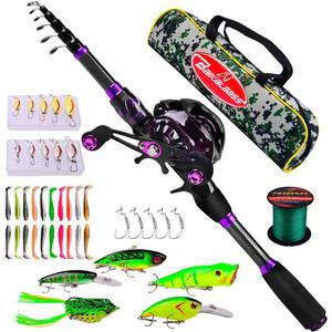 lot 17723 image: Fishing Rod and Reel Combo - 6.9ft Telescopic Spincast Rod with Left Handed Baitcasting Reel Combos - Sea Saltwater Freshwater Ice Bass Fishing Tackle Set - Fishing Rods Kit - Retail $57