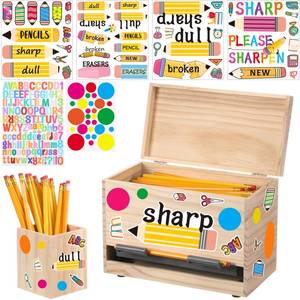 lot 17741 image: Mifoci 8 Pcs Wooden Pencil Dispenser Kit for Classroom Wooden Pen Holder Straw Dispenser Sharp and Dull Letter Stickers for Teachers Classroom Supplies Storage (Wood) - Retail $26