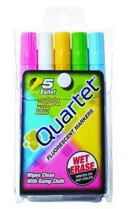 lot 33200 image: Quartet Glo-Write Fluorescent Markers, Wet-Erase, Assorted Colors, 5 Colors, 30 Markers