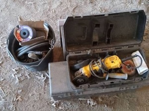 lot 56419 image: DeWalt Electric Angle Grinder with Case and 3 miscellaneous tool boxes, Grinding Disc and miscellaneous toolshardware (Tested Powers on)