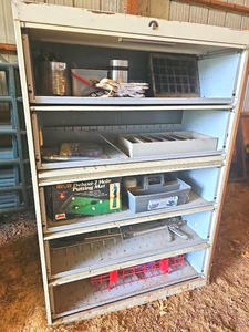 lot 56440 image: Vintage Industrial Metal Storage Shelving Unit with miscellaneous items