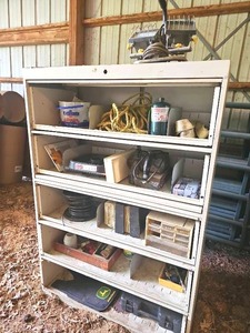 lot 56441 image: Vintage Industrial Metal Storage Shelving Unit including Vintage Craftsman Power Tool & miscellaneous garage items