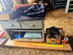 lot 56457 image: Vintage Workshop Storage and Tools Collection including cart