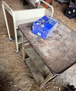 lot 56459 image: Industrial Multi-Level Display Shelf with Campbell Hausfeld Spray Gun and Metal Library Cart