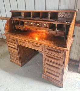 lot 56495 image: Antique Oak Roll-Top Desk with Vintage Newspaper Lining 45.5 x 2 x 41
