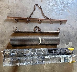 lot 56523 image: Vintage Fence Puller, Roofing Roll and Tomato Guard Bundle