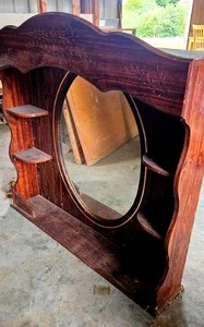 lot 56543 image: Vintage Carved Wood Cabinet with Oval Mirror and Corner Shelves (50 x 44 x 10)
