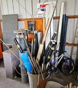 lot 56549 image: Garage Storage Lot - Mountain Bike, Corner Desk Hutch & Misc Items