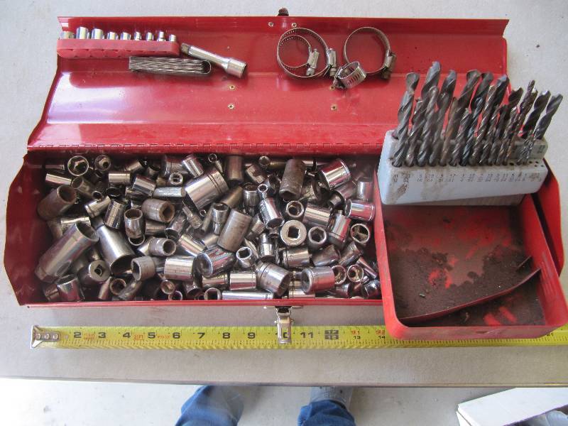 lot 2147 image: Large Lot Of Misc Tools & ACE Tool Box  - Sockets -Drill Bits - Gap Gauges (Shop Tools)