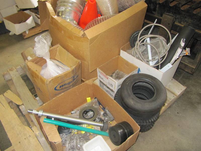 lot 2121 image: Pallet Full of Misc Hardware,  Bolts,  Nuts , Duct Hose,  HZ Cones