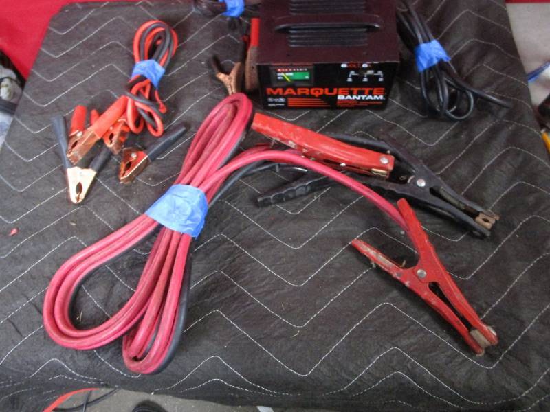 lot 10668 image: Marquette Bantam Battery Charging Station and 2 Jumper Cables
