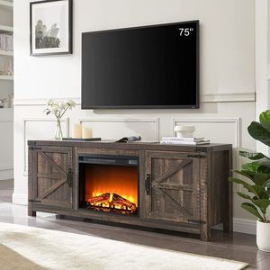 lot 4120 image: Barn Door Collection 75 TV Stand, Dark Rustic Oak (TV Stand Only, No Fireplace)