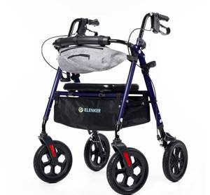 lot 4129 image: ELENKER All Terrain Rollator Walker with Seat for Seniors, Foldable Rolling Walker, with 10in Big Solid Wheels, Front Pouch, Cup Holder, Fully Adjustment Frame, Blue