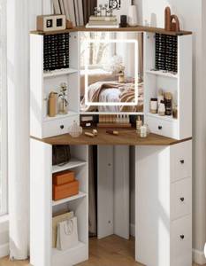 lot 4130 image: Corner Vanity Desk with Mirror and Lights Makeup Table with Storage Large Farmhouse Vanity Sets with Drawers for Women, White