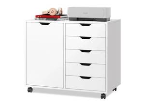 lot 4133 image: DEVAISE 5-Drawer Wood Dresser Chest with Door, Mobile Storage Cabinet, Printer Stand for Home Office