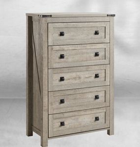 lot 4134 image: T4TREAM Farmhouse 5 Drawers Dresser Chests for Bedroom, Wood Rustic Tall Chset of Drawers,Dressers Organizer for Bedroom, Living Room,Hallway, Light Rustic Oak