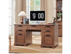 lot 4135 image: RedLemon 60 Farmhouse Executive Desk with Drawers, Wood Home Office Desk wCharging Station, Keyboard Tray, File Drawer, Storage Cabinet, Rustic Computer Writing Desk (Reclaimed Barnwood) - Retail $299.99