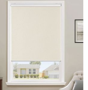 lot 4142 image: ChrisDowa Cordless 100% Blackout Roller Shade, with Striped Jacquard, Thermal Insulated, UV Protection Fabric, Total Blackout Blinds for Window, French Doors, Home and Office. Beige, 32 W X 72 H