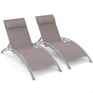lot 4947 image: Khaki Set of 2-Outdoor Chaise Lounge Patio Recliner Chairs with Adjustable Backrest and Removable Pillow - Retail $268
