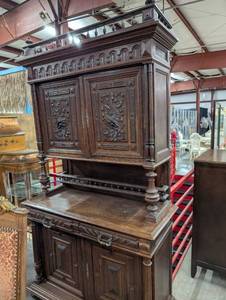 lot 2 image: 19th Century French Renaissance Revival Carved Oak Buffet Reserve of $500