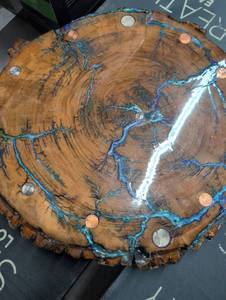 lot 113 image: Handcrafted Lichtenberg Wood Art with Coins