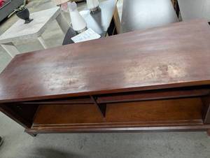 lot 145 image: Vintage Wood TV Stand with Storage Shelves