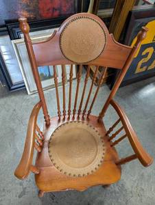 lot 155 image: Vintage Wooden Spindle-Back Chair with Embossed Leather Seat