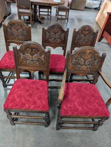 lot 163 image: Antique Carved Oak Dining Chairs with Red Upholstery set of 5