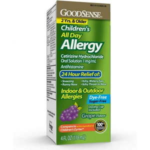 lot 5115 image: GoodSense Childrens All Day Allergy  Cetirizine Hydrochloride Oral Solution 1 mgmL  Grape Flavor  4 Fluid Ounces. BB October 2025