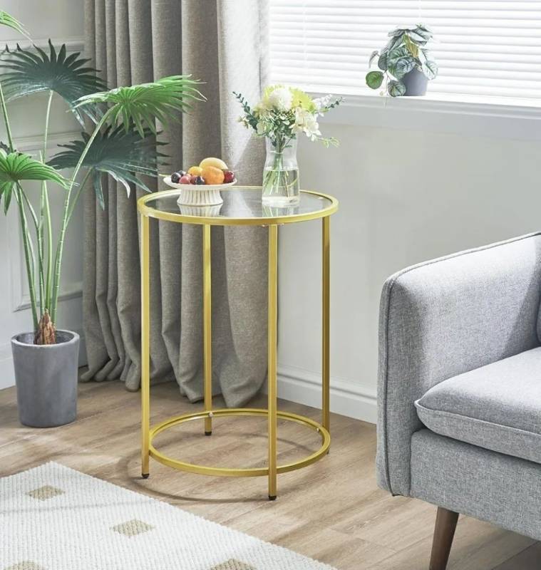 lot 41410 image: YMYNY Round End Table, Tempered Glass Sofa Side Table, Gold Coffee Table for Office Bedroom Living Room, Metal Frame, Modern Decor, 19.7D x 18.5D x 25.6H
