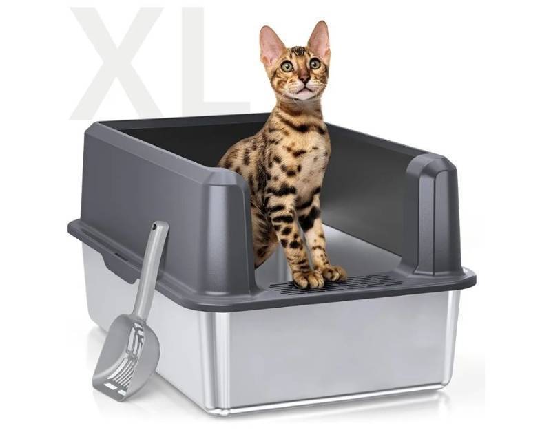 lot 41417 image: Enclosed Stainless Steel Cat Litter Box with Lid, XL Extra Large Litter Box for Big Cats, Metal Litter Pan High Sided, Never Absorbs Odors, Anti-Urine Leakage, Easy Cleaning, Include Scoop