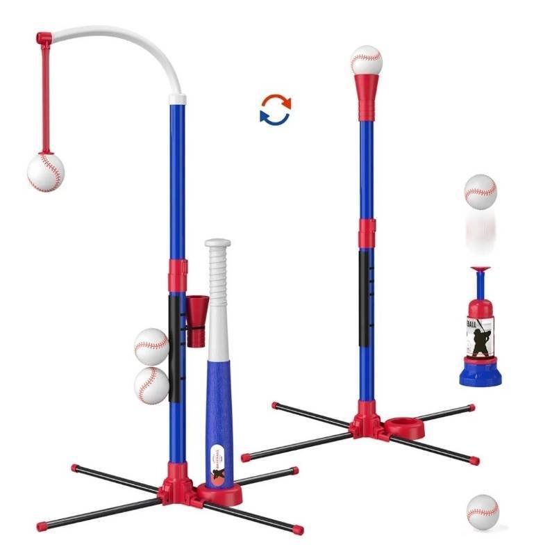lot 41434 image: 3-in-1 Baseball Set for Kids 3-5 - Tee Ball Stand, Hanging Tee, Ball Launcher and 6 Softballs - Adjustable Height, IndoorOutdoor