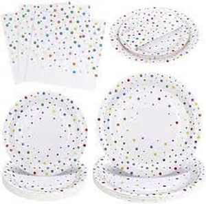 lot 31216 image: Lot of 3 Packages, 72Pcs Rainbow Birthday Plates & Napkins with Colorful Polka Dots, Each Package Includes 7 inch Small Paper Plates (x 24), 9 inch Large Paper Plates (x 24) , Napkins (x 24)