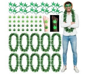 lot 31229 image: 75 Pcs Hemp Leaf Party Favors  Includes Weed Glasses, Tattoos, & Leaf Necklaces