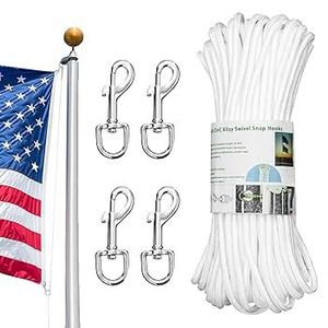 lot 31240 image: Flag Pole Rope Line Kit, 516 Diameter Nylon Flag Pole Halyard Rope with 4 Pcs Swivel Snap Clips 1 Rope Cleat Hook, Outdoor Flagpole (120ft) - Retail $62